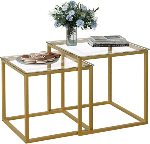 Huhote Quadratisch Couchtisch 2er Set, Moderne Wohnzimmertisch, Couchtisch Aus Glas, Wohnzimmertisch Klein, Beistelltisch, Sofatisch, Coffee Table für Wohnzimmer, Schlafzimmer, Büro, 50/45 cm, Gold