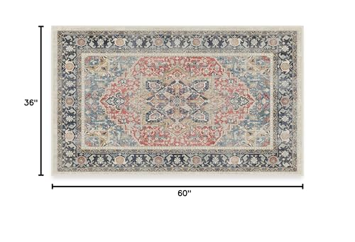 RUGGABLE Washable Vintage Area Rug – Kamran Cayenne Red 3x5, Stain-Resistant, Non-Slip – Small Machine Washable Rugs for Living Room, Bedroom, Hallway, Entryway & Office–with Cushioned Pad