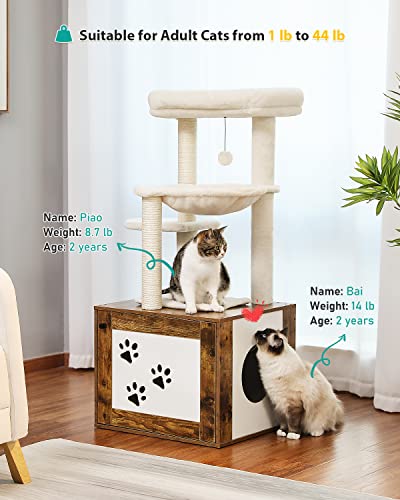 Petepela Cat Tree With Litter Box Enclosure, 46" Modern Cat Tower Wood With Super Large[Dia 15.7"] Hammock, Cat Condo With Cat Scratching Posts, Big Removable Top Perch & Dangling Ball, Rustic Brown #TOP3