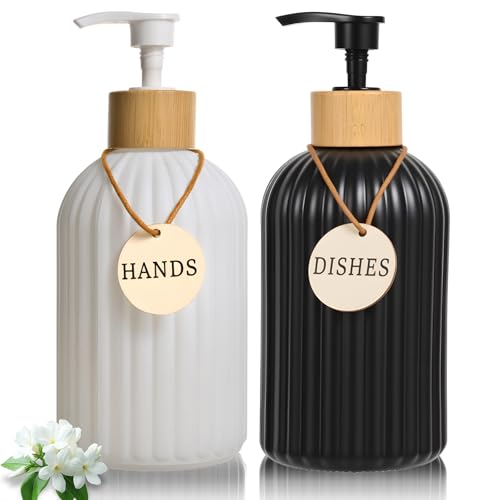 2 Pack ViserVita Glass Hand Soap Dispenser with Bamboo Pump, Elegant Refillable Liquid Dish Soap Dispenser, Perfect for Kitchen and Bathroom