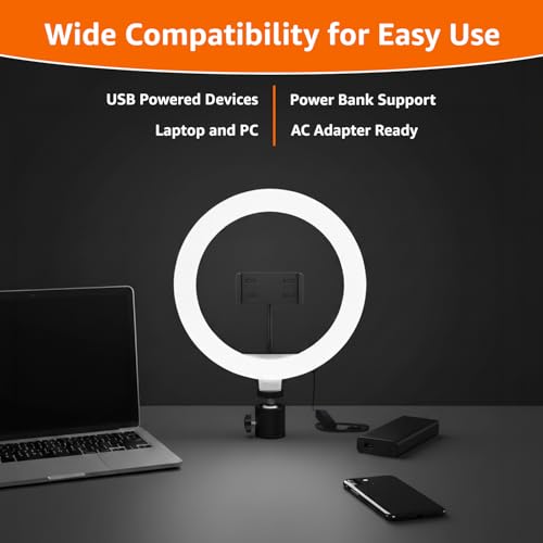 Image of Amazon Basics 10-inch Ring Light | 3 Color Modes | 10 Brightness Settings | Compatible with All Smart Phones | Suitable for Vlogging, YouTube Videos, Photoshoots, Live Streaming & More