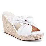 Womens Espadrilles Slip on Wedge Sandals Slides Bow Tie Platform Open Toe Summer Mules Shoes, Beige, Size 8