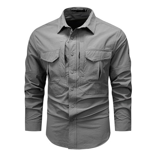 Mymyguoe Camisa de exterior para hombre, de secado rápido, ligera, con botones, camisa de trabajo, transpirable, con botones, manga larga, para senderismo, camisa de pescador, camiseta de trabajo