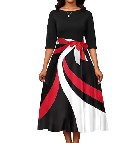 IbuduSexy Church Dresses for Women Boho Maxi Dress Color Block Half Sleeve with Belt Black Red
