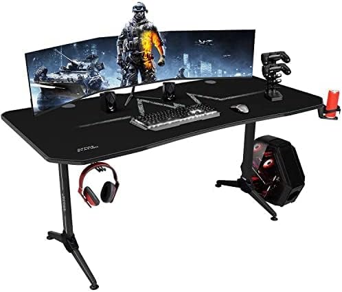 KaiMeng Racing Style Gamer Computer Desk Free Full Mouse Pad Modern Carbon Fiber Surface Ergonomic, T-Shaped Y Leg Office Room Game Table Workstation, with Handle Rack, 62.7"L X 29.5"W X 29.5"H, Black