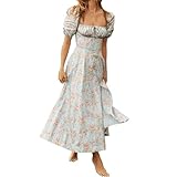 Womens Floral Dress Puff Sleeve Maxi Dress Sexy Square Neck Hem Split A-Line Beach Dresses Fashion Vacation Sundress