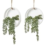 CEWOR 2pcs Artificial Hanging Succulent Plants, Fake String of Pearls in Pot with Lanyard Boho Wall Decor for Bathroom Living Room Home Indoor Outdoor Decorations, White