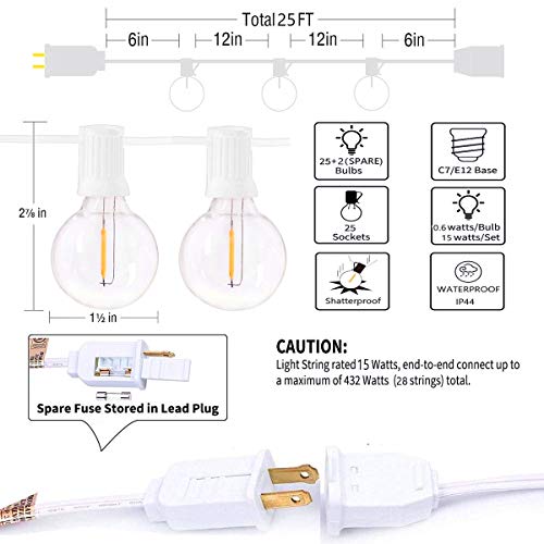 Sunsgne 25 Foot G40 Outdoor Patio String Lights With 25 Shatterproof Led Clear Globe Bulbs, Warm White Ul Listed For Indoor/Outdoor Commercial Decor, White Wire #TOP2