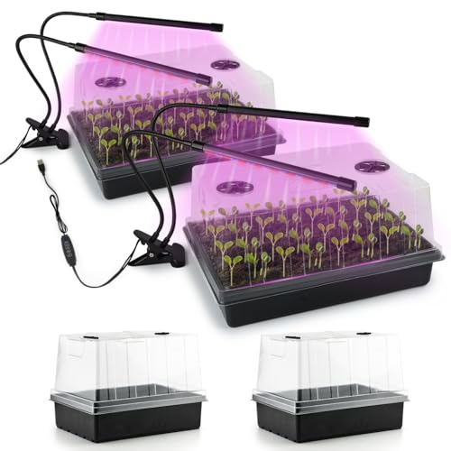8p Seed Starter Trays with 8p Full Spectrum Grow Lights – Seed Tray with 5" Humidity Dome, Adjustable 20W, 4000K LED Plant Lights(8 Light Heads Total), 20 Beads/Bar, Flexible Light Positioning