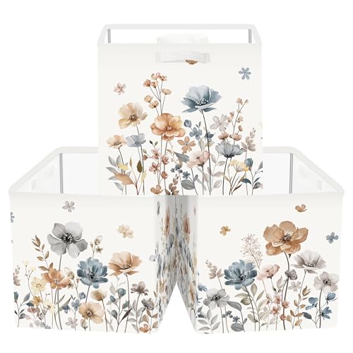 Clastyle Juego de 3 Caja Almacenaje Tela Flores Salvajes Cestas Almacenaje Ropa Padres y Madres para Juguetes Cestas Organizadoras Plegable para Armarios,Marrón,30x30x30 cm