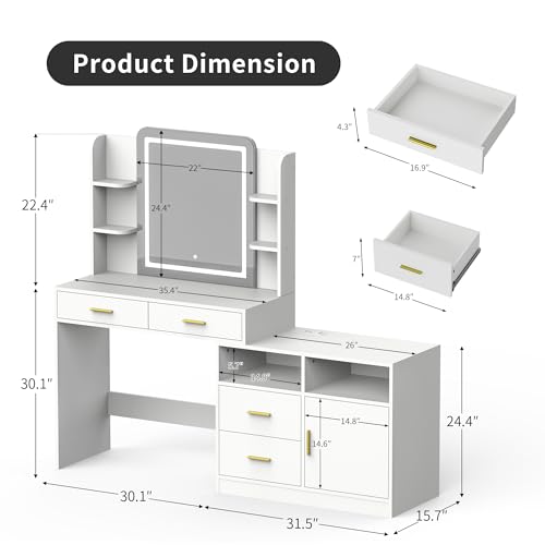 Pamapic 13 Storage Vanity Desk with Lighted Mirror, Makeup Vanity with Power Outlet, White Dresser with Mirror, Dressing Table with 4 Drawers, 8 Shelves and Cabinet, 3 Lighting Colors, Silent Slides - Thumbnail 6