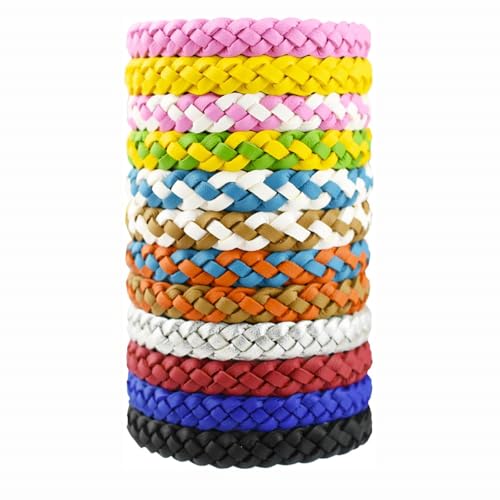 BODYA Paquete de 12 pulseras ajustables repelentes de plagas de mosquitos, reutilizables, de cuero, sin DEET, multicolor