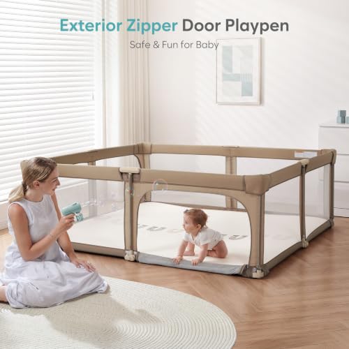Image of Baby Playpen Portable, Pre-Assembled Play Pen 59x59 Large Foldable Playpen for Babies and Toddlers, Sturdy and Safe Toddler Play Yard Indoor Outdoor with Carry Bag, Dark Khaki