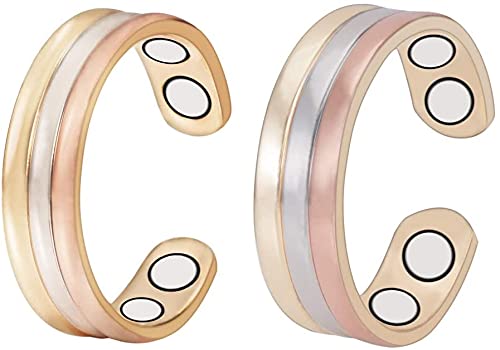 2-Pack Magnetic Tri Tone Copper Rings Set for Arthritis- Adjustable Pure Ring with Magnets Women