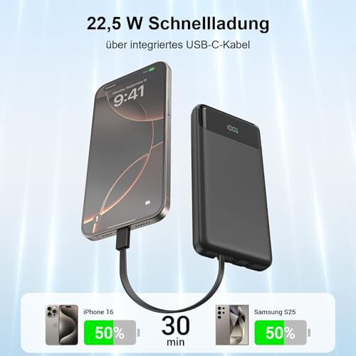 Powerbank 20000 mAh mit Integrierten 3 Kabeln, 22,5 W Schnellladung Power Bank Tragbares Ladegerät PD 3.0 QC 3.0 USB-C EIN- und Ausgang Externe Handyakkus für iPhone, Samsung, und mehr 2