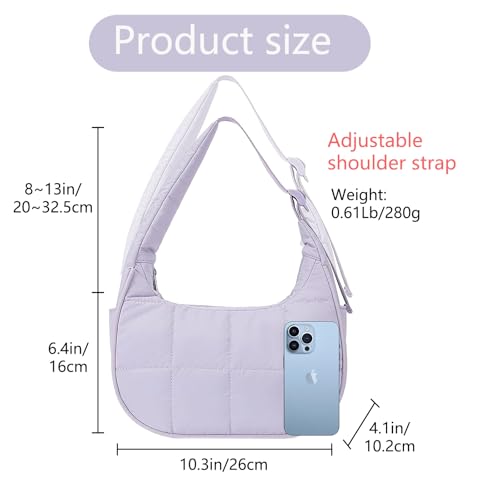 Image of Small Puffer Bag, Crescent Shoulder Bag for Women,Nylon Quilted Tote Handbags with Adjustable Strap (Purple+ Cosmetic Bag)