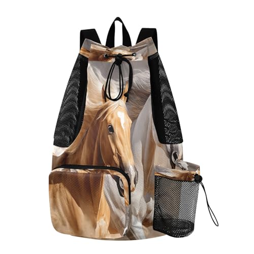 Mesh Gym Swimming Bags for Men & Women, Running Horse Oil Painting Large Drawstring Backpack with Dry-Wet Pocket, Lightweight Gym Bag for Sports, Travel, Beach, Workout Gear