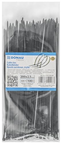 DONAU TECH Kabelbinder 100 Stück/ 200 x 2 5mm / Schwarz/Verstellbar zum Organisieren von Kabeln/Cable Ties/UV Beständig Temperaturbeständig