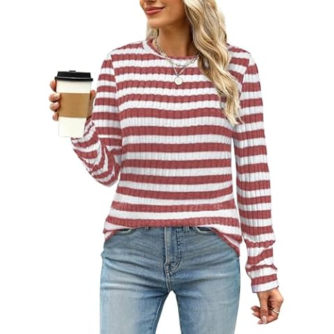 MixShe Womens Long Sleeve Tops Fall Fashion Sweaters 2024 Outfits Clothes for Women Crew Neck Sweatshirts Dressy Ladies Casual Shirts Trendy Tunics Red & White X-Large Cover