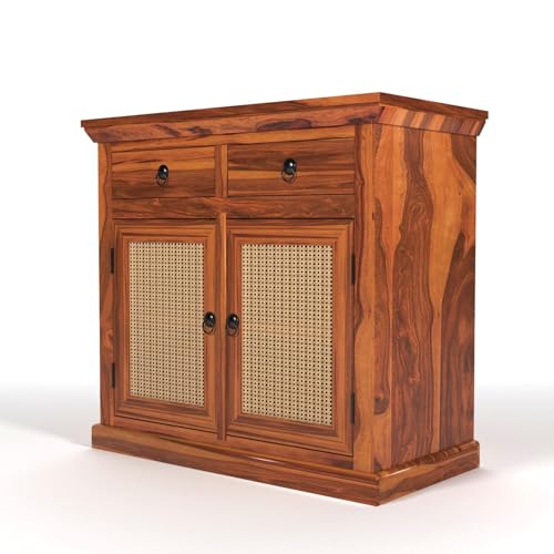 Image of Solid Sheesham Wood Sideboard Cabinet with Cane Woven Doors 2 Rack and 2 Drawers | Wooden Storage Cabinet for Living Room & Dining Room (Honey Finish)