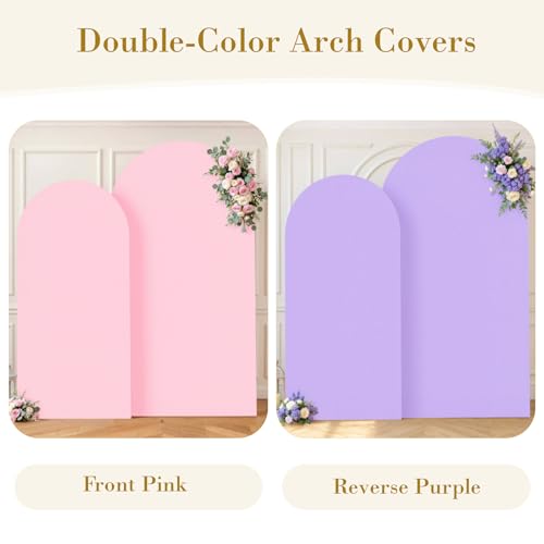 Image of Pink Purple Arch Cover 2 Set-7.2 and 6ft Arch Backdrop Cover Spandex Fitted Baby Shower Arch Stand Covers for Girls Birthday Party Wedding Bridal Shower Banquet Photo Arch Covers Stretchy Backdrop