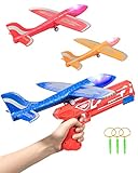 3 Pack Light Airplane Toy 12.4'', Launcher & Rubber Band Foam Flying Plane, Large Throwing Toy,...
