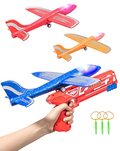 3 Pack Light Airplane Toy 12.4'', Launcher & Rubber Band Foam Flying Plane, Large Throwing Toy, Birthday Gifts for 10 8 6 5 4 3 2 Year Old boy and Girls