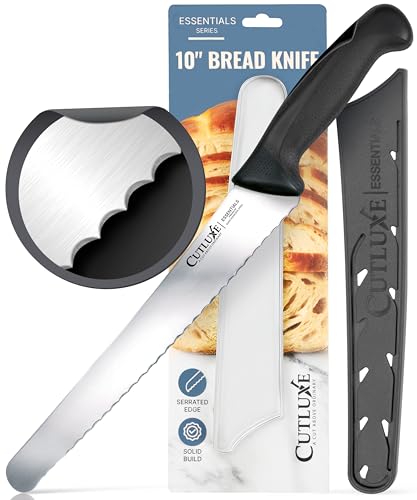 Cutluxe Serrated Bread Knife with Cover – 10" Razor-Sharp Stainless Steel Blade, Ergonomic Anti-Slip Handle for Control, Sourdough Bread Knife for Effortless slicing and Everyday home Kitchen Baking
