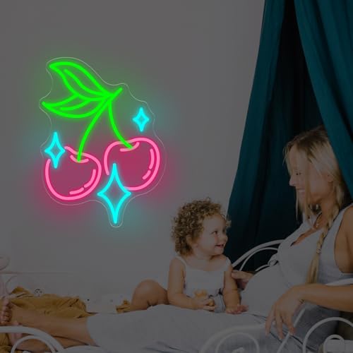 Image of Cherry Bling Neon Sign Aesthetic LED Wall Light for Bedroom Bar Sign, Cute Fruit LED Light, Retro Vintage Dormitory Room Decor, Gift for Her, 16.5 inchx12.4 inch