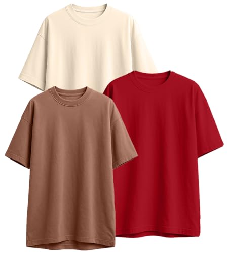 Image of Veirdo 100% Pure Cotton Drop Shoulder Oversized Baggy Fit Half Sleeve Plain Solid Round Neck Multicolor T-Shirt Combo for Men (Pack of 3) (Sizes S-2XL)