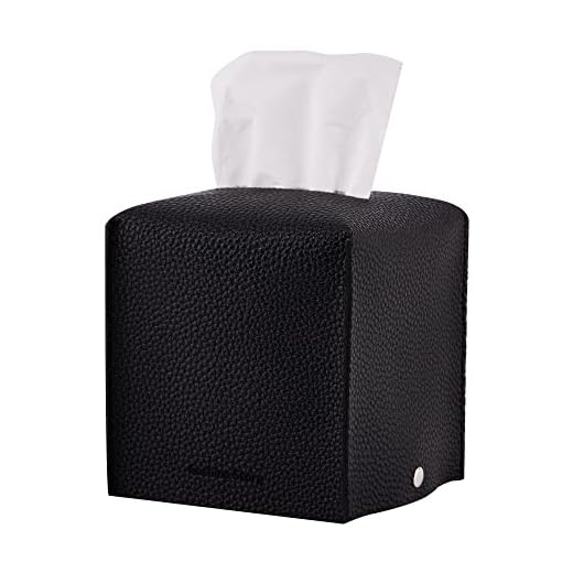Gashina Story Non-Falling Tissue Box Cover - Premium PU Faux Leather Kleenex Holder - 5"X5"X5" Square Decorative Organizer for Car, House, Bathroom - Black