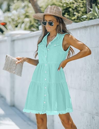 Image of luvamia Women's Casual Summer Lapel Sleeveless Button Down Short Denim Jean Dress