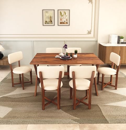 Image of MURALICRAFT Sheesham Wood 57 inch Dining Table 6 Seater | Six Seater Dinning Table Set with 6 Upholstered Dining Chairs | Table Top: Premium Sheesham Wood | Chair: Round Edge | Easy Assembly, Honey