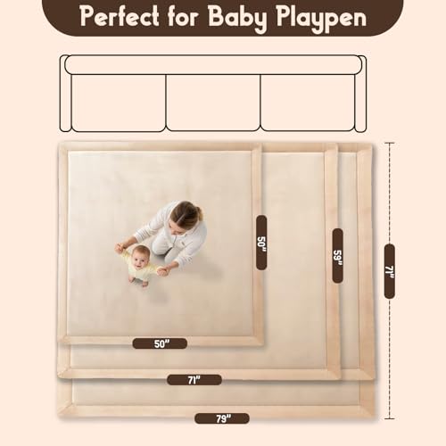 Image of Baby Play Mat for Floor, 1.3 Inch Thick Memory Foam Tummy Time Mat with Non Slip Backing, Soft Coral Velvet 71X79 Inch Playpen Mat Crawling Tatami for Infants Toddlers Kids, Beige