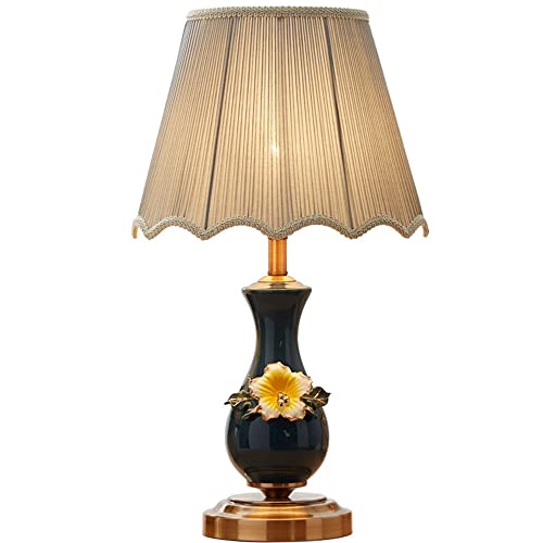 Chao Zan luminaria de sobremesa,máx. 60W E27,Lámpara para mesita de Noche, cerámica,Tela, base de bronce，Azul oscuro color,Lámpara de mesa,No incluye bombillas LED