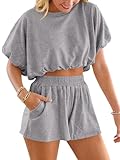 Jenisso Womens 2 Piece Shorts Sets Summer Bubble Crop Tops Casual Loose Lounge Set 2026 Travel Outfits