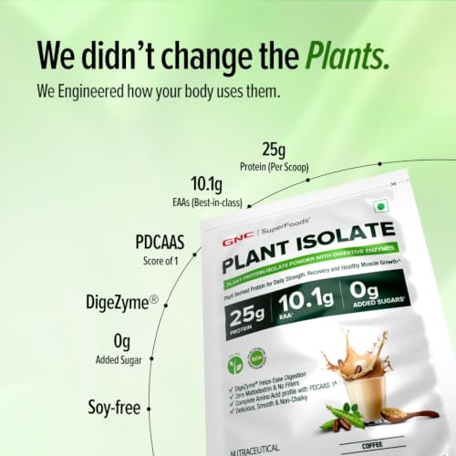 Image of GNC Plant Protein Isolate Powder | 25g Protein & 10.1g EAAs | Pea & Brown Rice Protein | DigeZyme Enzymes | Vegan, Soy-Free, Lactose-Free, Gluten-Free | No Added Sugar | Easy Digestion, Delicious & Non-Chalky | Coffee, 0.07 lbs /35g