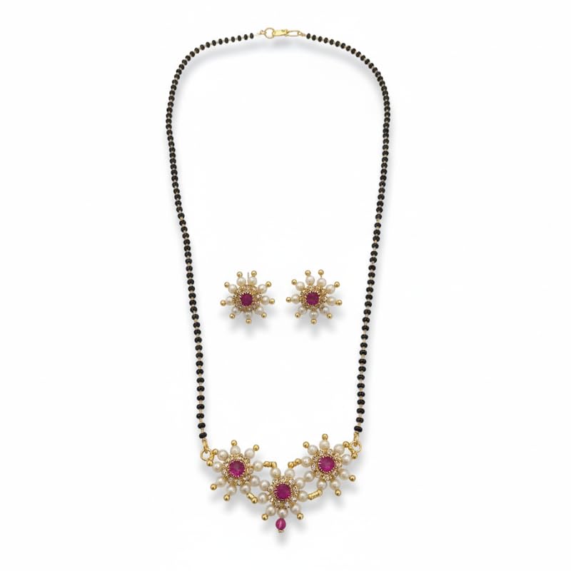 shinexa Designer Single Line Black Bead Mangalsutra Set with Floral Stone Pendant & Matching Earrings for Women (18 Inch)-picture-21