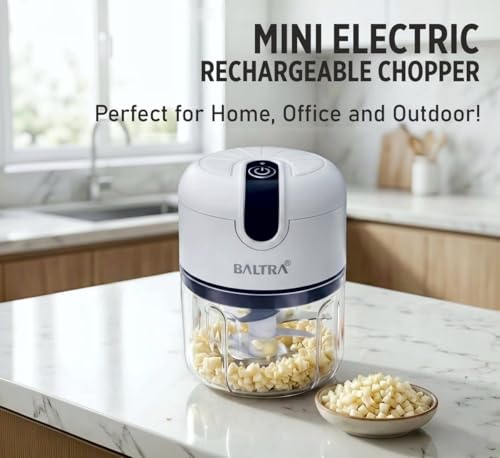 Image of BALTRA Slice Rechargeable Mini Electric Chopper, 250ml Food Grade Bowl, Stainless Steel Blades, One Touch Operation, 3 Stainless Steel Blades for Effortlessly Chopping Vegetables, Fruits 1yr Warranty