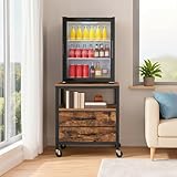 MAHANCRIS Mini Fridge Stand, 4-Tier Mobile Printer Stand, Mini Fridge Table on Wheels, Mini Fridge Cabinet with Storagefor Kitchen, Rolling Fridge Cart with 2 Drawers, Rustic Brown and Black RSHR5001