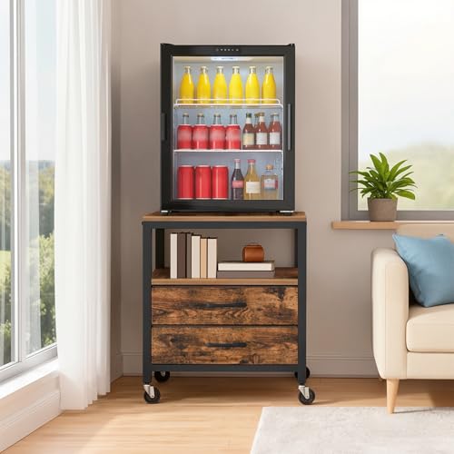 Image of MAHANCRIS Mini Fridge Stand, 4-Tier Mobile Printer Stand, Mini Fridge Table on Wheels, Mini Fridge Cabinet with Storagefor Kitchen, Rolling Fridge Cart with 2 Drawers, Rustic Brown and Black RSHR5001