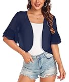 Women's Cardigan Bolero Shrug Ruffle Short Sleeve Open Front Loose Sheer Jackets for Tops(Navy Blue,L)