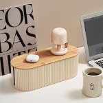 Boîte de gestion de câble avec couvercle en bambou massif, Beige, 32x13x11.2 cm TV Ordinateur USB Système Hub, Couverture & Cacher les bandes de puissance & Cordons