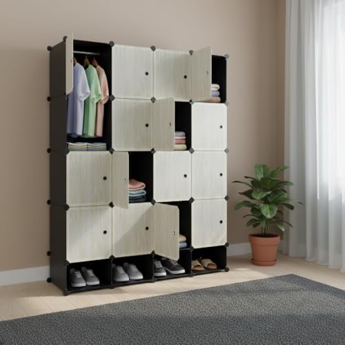 Image of KRISHYAM 12 Box Collapsible Wardrobe Organizer with Doors & 3 Shoe Box Storage, DIY Closet Cabinet for Clothes, Shoes, Toys, Books & Bedroom Storage