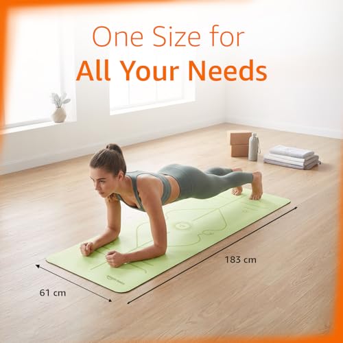Image of Amazon Basics TPE Yoga & Exercise Mat with Carrying Strap | 6 mm Thick | Non-Slip Grippy Surface | Eco-Friendly Rubber-Like Material | Floor Protection | Ideal for Yoga, Pilates, Stretching & Meditation | 183 x 61 cm | Dark Green & Light Green