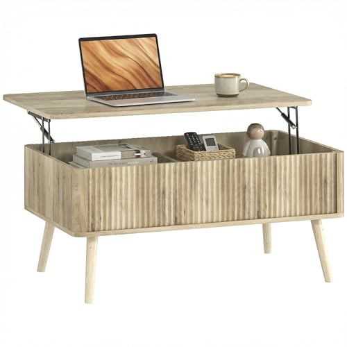 HOMCOM Table Basse relevable, Table de Salon avec 2 Compartiments cachés et Pieds en pin, Style Moderne, pour Salon, Bureau, 91 x 56 x 43 cm, chêne