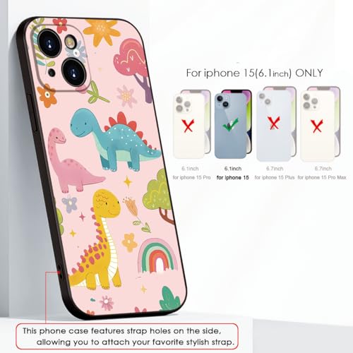 for iPhone 15 Case Dinosaur Cartoon Cute Pink Phone Case - 3 Colorful Dinosaurs with Flowers & Rainbow Design, Playful & Stylish Protective Cover for Girls & Women (B1-Cartoon Cute Dinosaurs)
