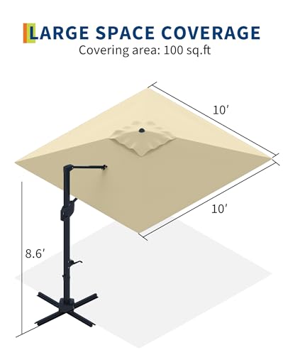 Large Cantilever Patio Umbrella, 10' X 10' Heavy Duty Aluminum Cantilever Offset Outdoor Umbrella with 360-Degree Rotation for Backyard, Deck, Pool, Beige