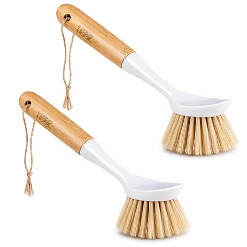Image of Kitchen Dish & Cast Iron Brush with Scraper, [2 Pack] Skillet Scrub Cleaner with Handle, Kitchen Cleaning Scrubber for Dishes, Pots, Cast Iron Skillet, Non-Stick Frying Pans, Sinks and House Cleaning