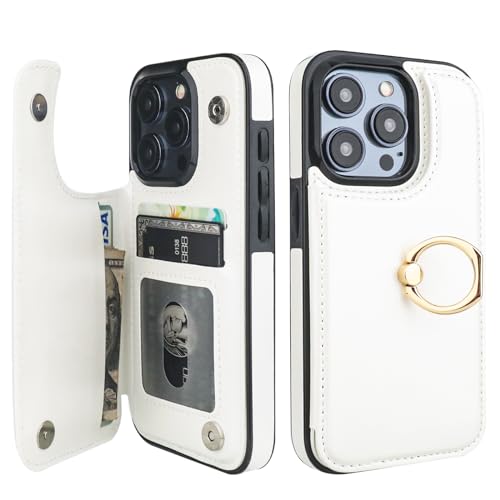 Onetop for iPhone 15 Pro Wallet Case with Card Holder, 360° Rotation Ring Kickstand RFID Blocking PU Leather Double Magnetic Clasp Shockproof Cover for Women and Girls 6.1 Inch (White)